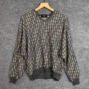 Vintage Countess Mara Italy V Neck Sweater Plaid Checkered Knit‎ Mens Large